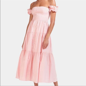 Staud Elio Off-the-Shoulder Tiered Midi A-Line Dress Light Pink Women's Size 10